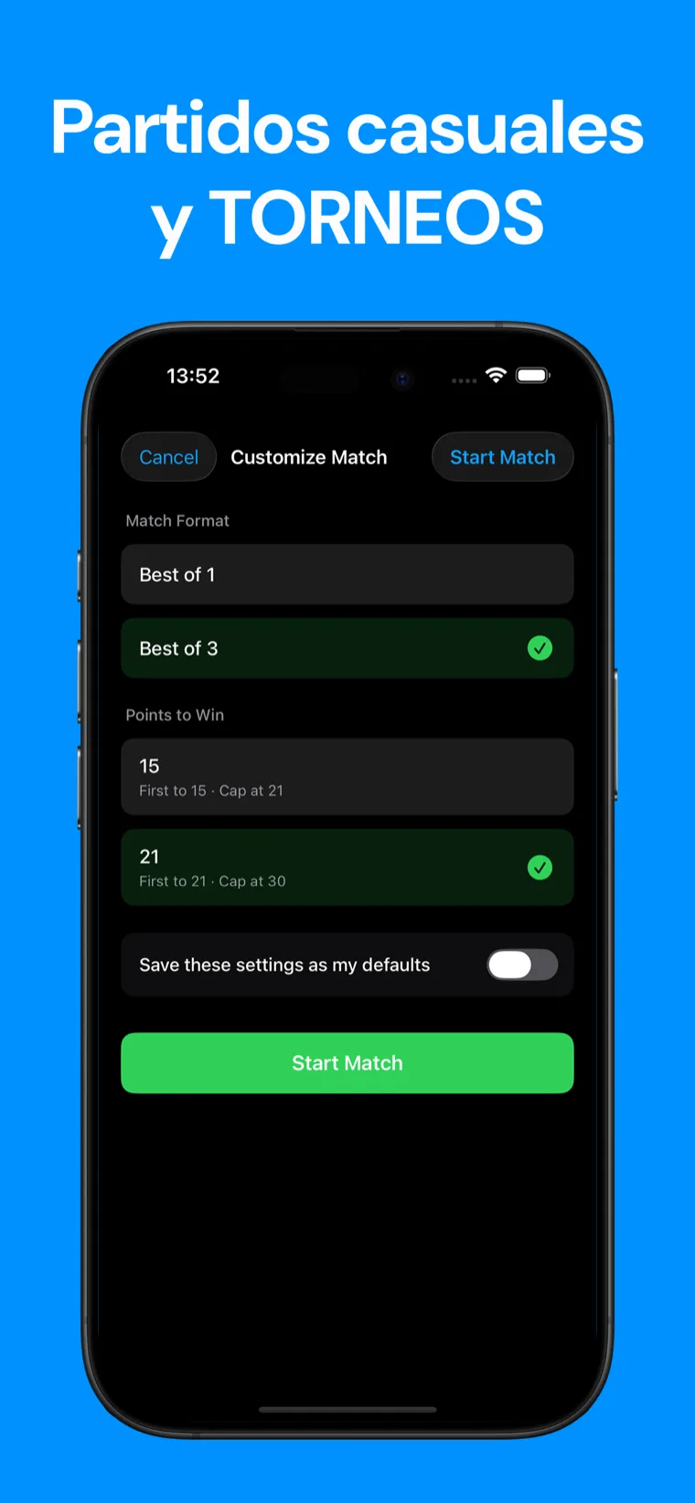 Partidos casuales y TORNEOS — Configuración de partido de Badminton Scoreboard mostrando Al mejor de 1 o 3 y puntos para ganar: primero a 15 o 21