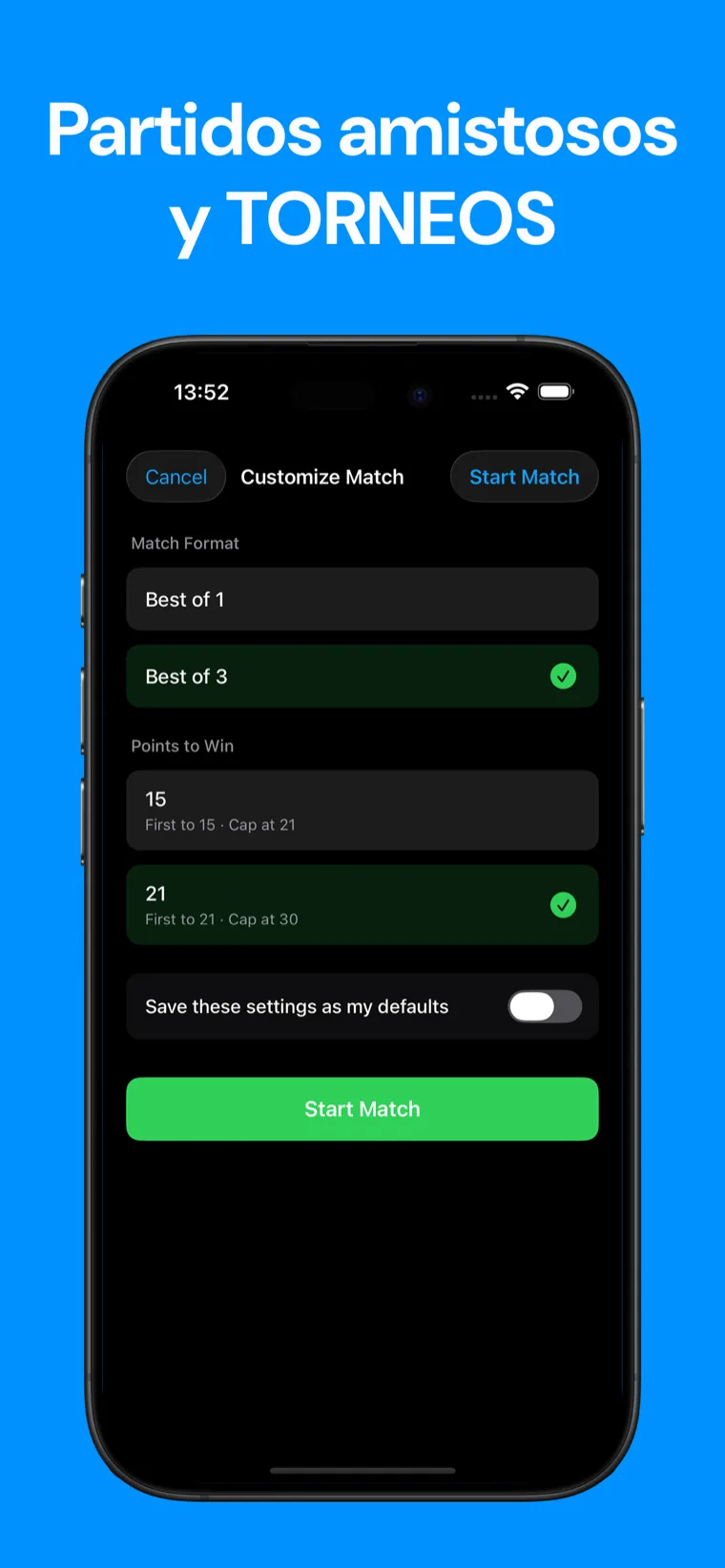 Partidos amistosos y TORNEOS — Configuración de partido de Bádminton Marcador mostrando Al mejor de 1 o 3 y puntos para ganar a 15 o 21