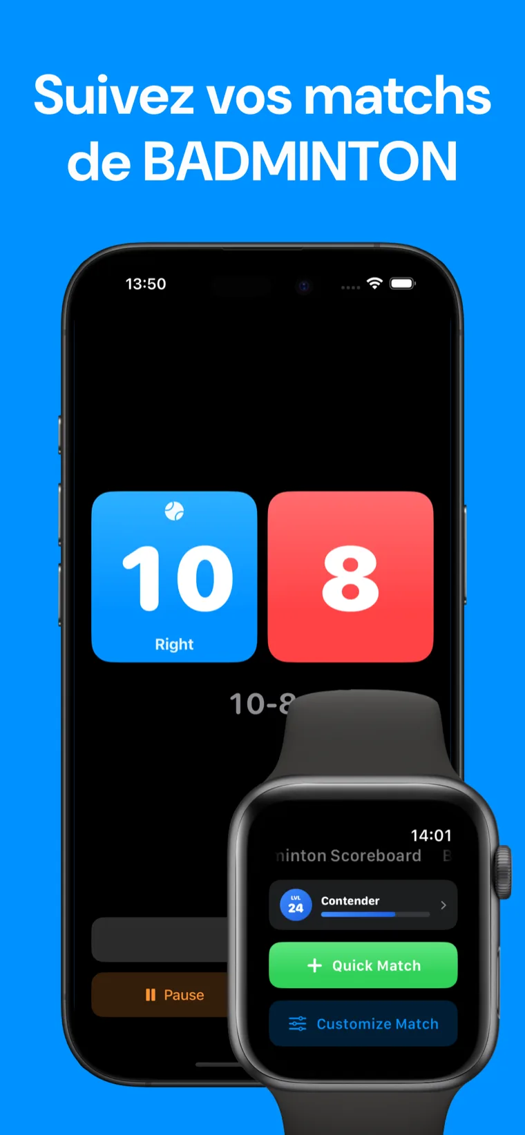 Suivez vos matchs de BADMINTON — Badminton Score sur iPhone affichant l'historique des matchs et un score en direct